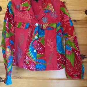 Alex‎ Kim Patchwork Floral Embroidered Cotton Jacket Women's Medium Colorful